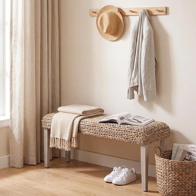 Solid Wood Acacia Indoor Bench, Natural Woven Water Hyacinth Seat, Grey Leg