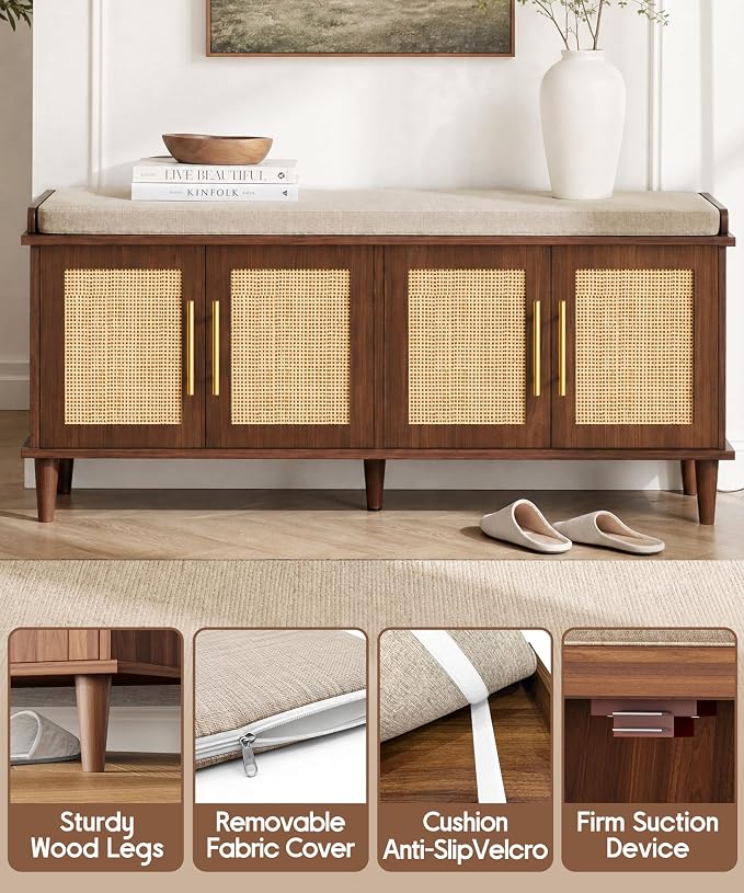 Akxomel 47.2" Rattan Shoe Storage Bench 4 Doors Entryway Bench Walnut