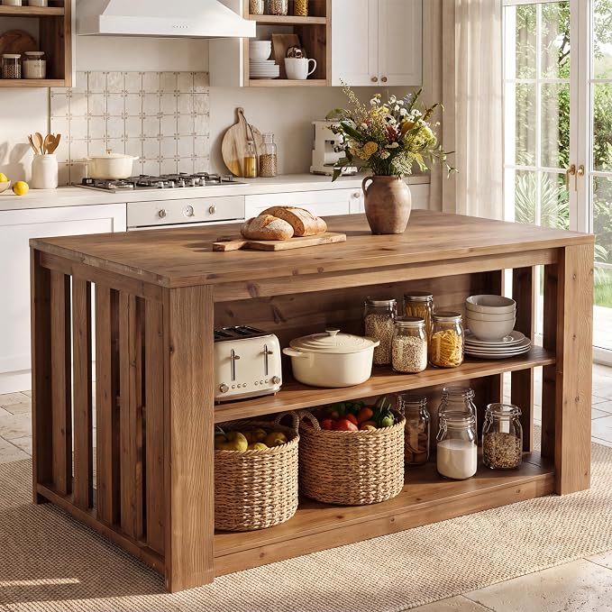 55" Solid Wood Kitchen Island with Storage and Seating, 3-Tier
