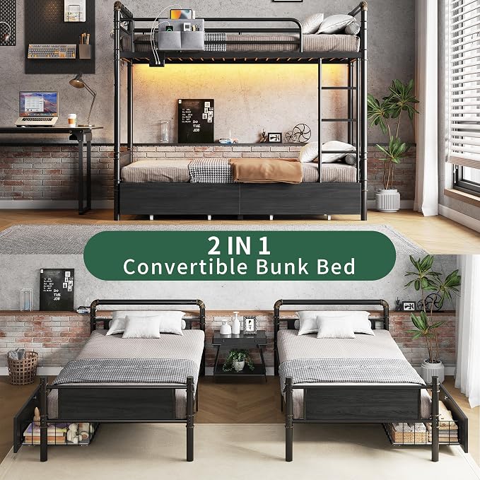 Jocoevol Metal LED Bunk Bed Twin Over Twin with 2 Storage Drawers, USB Charging Station, Industrial Bunkbeds Heavy Duty Bed with Safety Guardrail and Ladder, No Box Spring Needed, Black