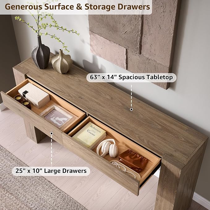 OKD 63" Console Table with Drawers, Thick Block Entryway Table, Alder Grey