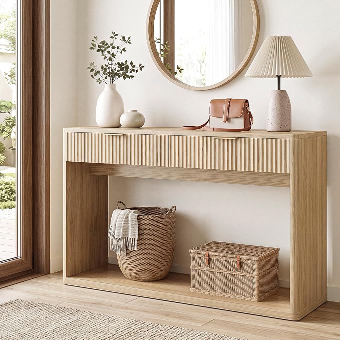 IRONCK 47" Fluted Console Table for Entryway with 2 Large Drawers, Oak