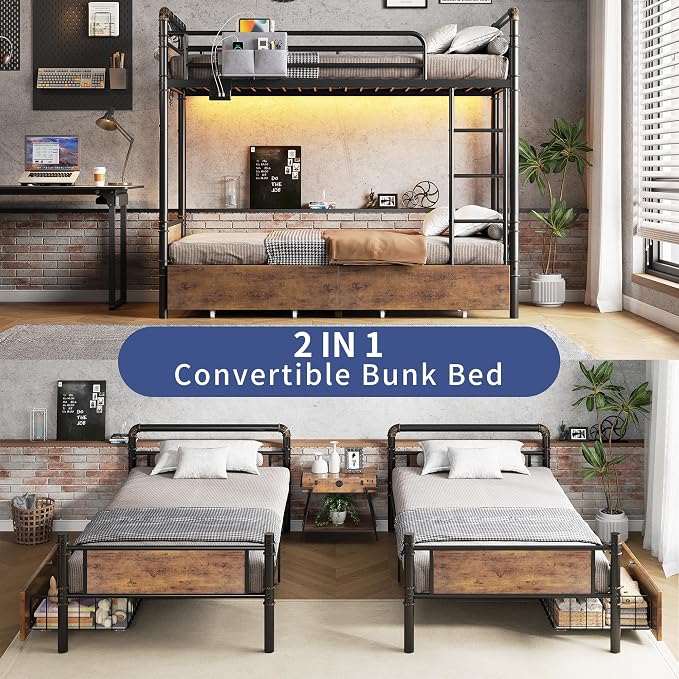 Jocoevol Metal LED Bunk Bed Twin Over Twin with 2 Storage Drawers, USB Charging Station, Industrial Bunkbeds Heavy Duty Bed with Safety Guardrail and Ladder, No Box Spring Needed, Vintage Brown