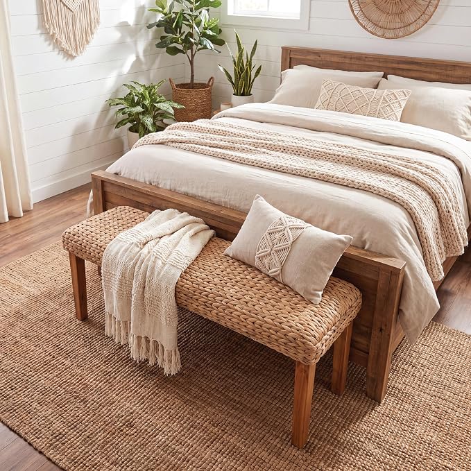 Solid Wood Acacia Indoor Bench, 47 Inch Water Hyacinth Seat, Fishbone Style