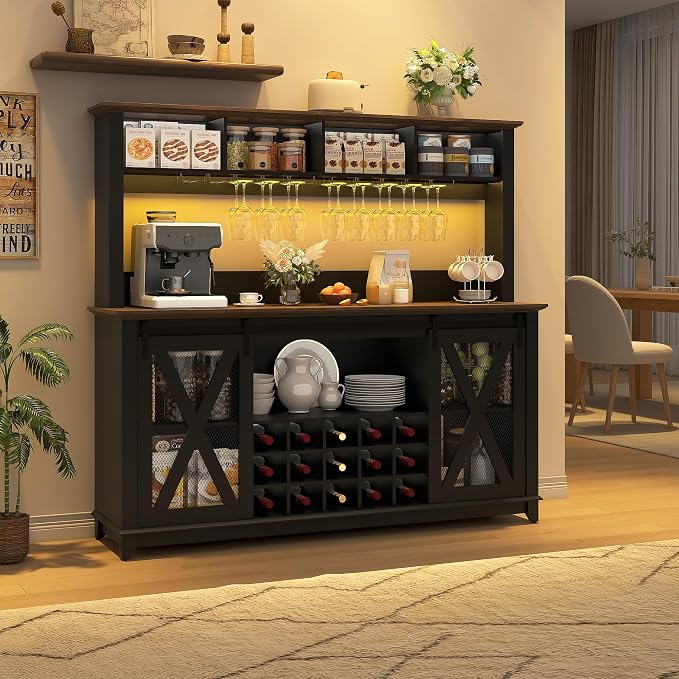63"Wide 58"H Farmhouse Coffee Bar Cabinet with Power Outlet and LED Light,Wine Bar Cabinet w/ 4 Storage Hutch,Kitchen Buffet Cabinet with 15 Wine and Glass Racks for Kitchen Dining Room(Black)