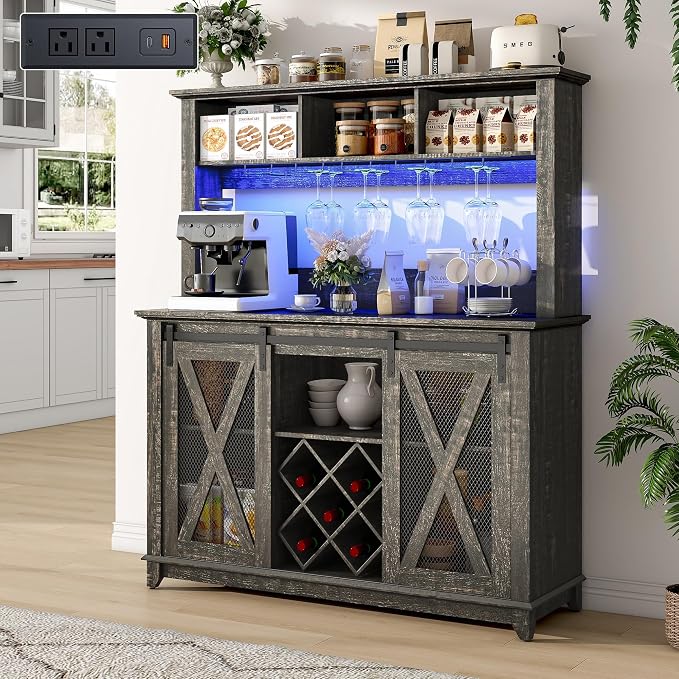 47"Wide 56"H Farmhouse Coffee Bar Cabinet with Power Outlet and LED Light,Wine Bar Cabinet w/3 Storage Hutch,Kitchen Buffet Cabinet with 10 Wine and Glass Racks for Kitchen Dining Room(Dark Oak)