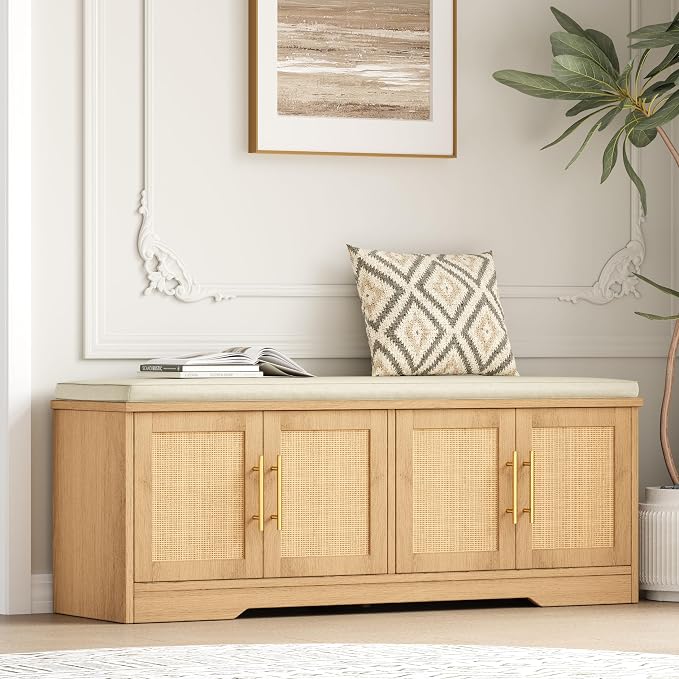 Rattan Shoe Storage Bench, 47.2" Wide Entryway Bench, Natural Oak
