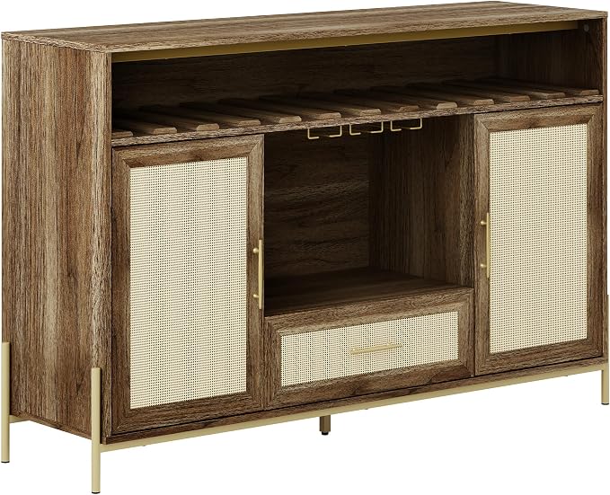 BELLEZE Coffee Bar Cabinet, 55" Rattan Liquor Cabinet, Boho Farmhouse Sideboard Buffet Cabinet with Storage, Accent Bar Cabinet for Living Room, Dining Room, and Entryway - Marcel (Camel)