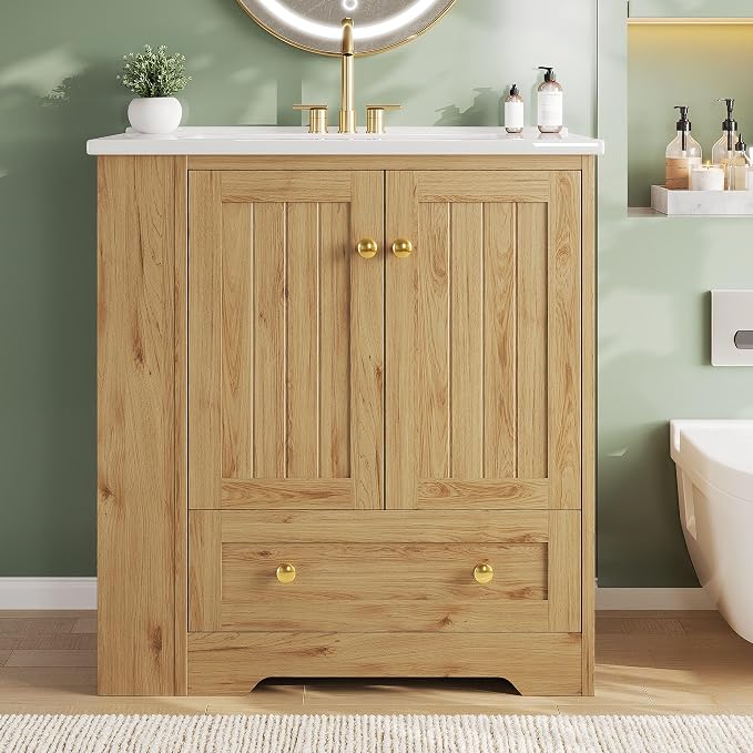 IRONCK Bathroom Vanity with Ceramic Sink, 30" Bathroom Cabinet, Natural | Features a Ceramic Sink, 3 Doors, 1 Drawer and Flexible Side Storage for Organized Bathroom Storage