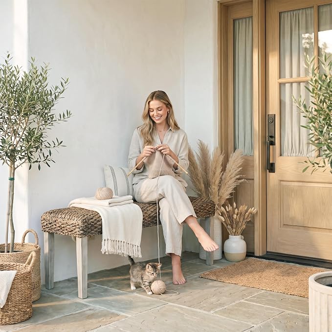 Solid Acacia Wood Bench with Natural Woven Water Hyacinth Seat, Grey Leg