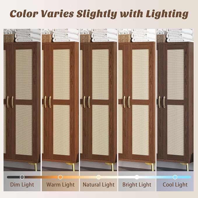 JASIWAY Tall Bathroom Storage Cabinet 57" Rattan Pantry Cabinet, Walnut | With Doors and Adjustable Shelves, Freestanding Linen Closet & Wardrobe for Bathroom Laundry Bedroom, Anti-Tipping Device