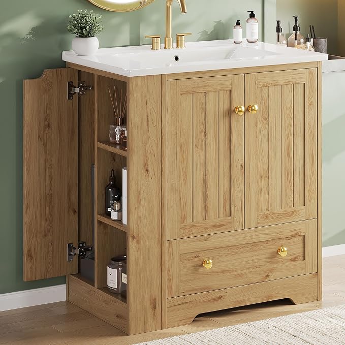 IRONCK Bathroom Vanity with Ceramic Sink, 30" Bathroom Cabinet, Natural | Features a Ceramic Sink, 3 Doors, 1 Drawer and Flexible Side Storage for Organized Bathroom Storage