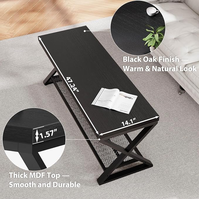 LVB Black Oak Bench, Industrial Entryway Bench with Storage, 47 Inch