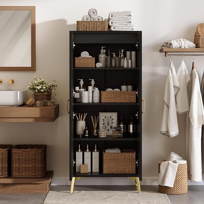 JASIWAY Tall Bathroom Storage Cabinet 57" Rattan Pantry Cabinet, Black | With Doors and Adjustable Shelves, Freestanding Linen Closet & Wardrobe for Bathroom Laundry Bedroom, Anti-Tipping Device