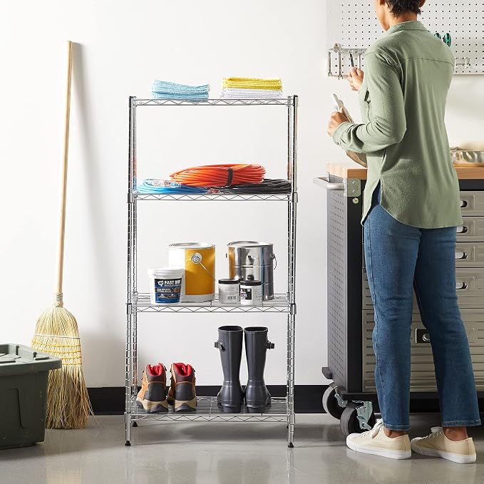 Amazon Basics 4-Shelf Adjustable Storage Shelving Unit for Garage, Steel Wire Rack, 200 Pound Loading Capacity per Shelf, 13.4"D x 23.2"W x 48"H, Chrome