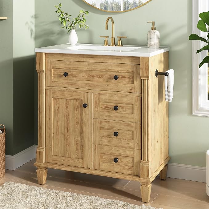 LIKIMIO 30 Inch Bathroom Vanity with Sink, Adjustable Solid Wood Legs | Modern Bathroom Storage Cabinet with Towel Holder, Tip-Out Drawer, 2 Drawers & Adjustable Shelf, Nature