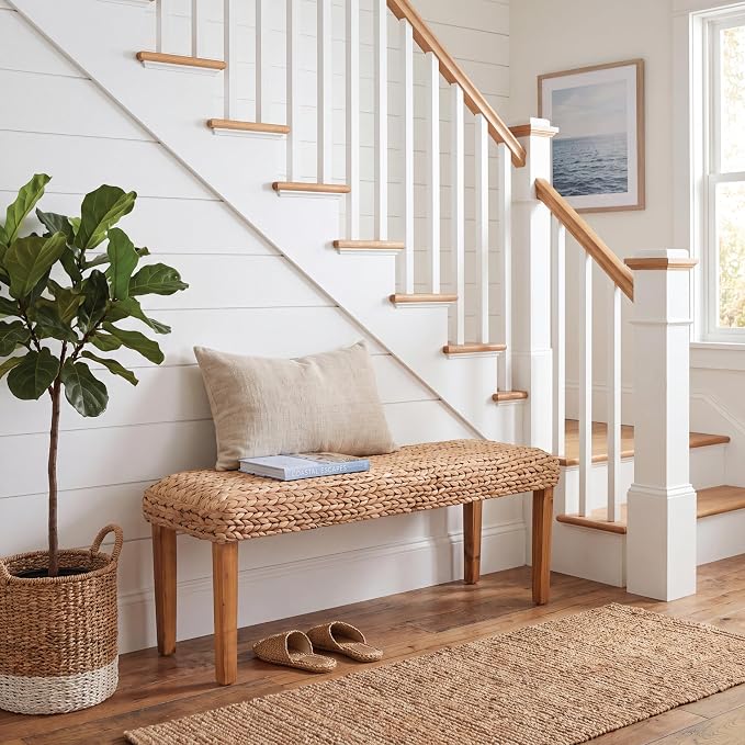 Solid Wood Acacia Indoor Bench, 47 Inch Water Hyacinth Seat, Fishbone Style