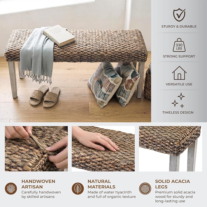 Solid Acacia Wood Bench with Natural Woven Water Hyacinth Seat, Grey Leg