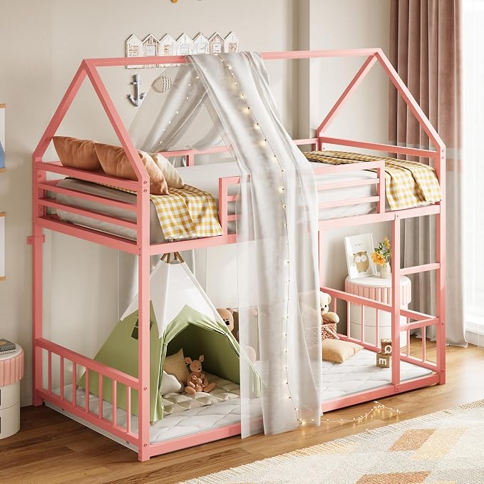 LIKIMIO Bunk Bed Twin Over Twin, House Bunk Bed Frame with Ladder, Pink