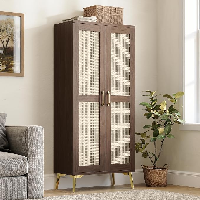 JASIWAY Tall Bathroom Storage Cabinet 57" Rattan Pantry Cabinet, Walnut | With Doors and Adjustable Shelves, Freestanding Linen Closet & Wardrobe for Bathroom Laundry Bedroom, Anti-Tipping Device
