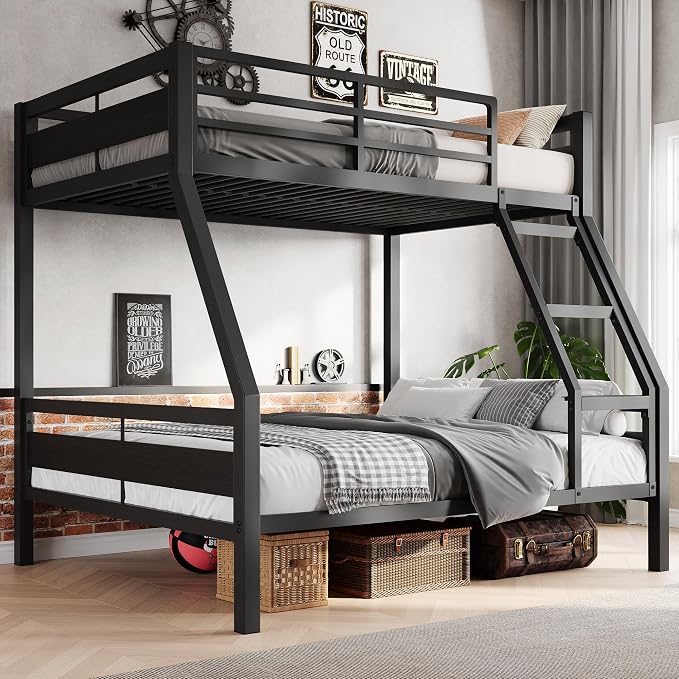 Feonase Metal Bunk Bed Twin Over Full with Ladder and High Guardrail, Heavy-Duty Metal Slats Support, Noise Free, No Box Spring Needed, for Kids and Juniors, Black