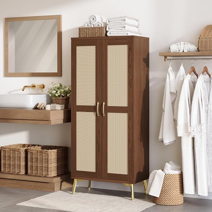 JASIWAY Tall Bathroom Storage Cabinet 57" Rattan Pantry Cabinet, Walnut | With Doors and Adjustable Shelves, Freestanding Linen Closet & Wardrobe for Bathroom Laundry Bedroom, Anti-Tipping Device