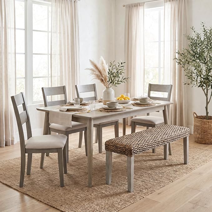 Solid Acacia Wood Bench with Natural Woven Water Hyacinth Seat, Grey Leg