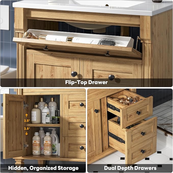 LIKIMIO 30 Inch Bathroom Vanity with Sink, Adjustable Solid Wood Legs | Modern Bathroom Storage Cabinet with Towel Holder, Tip-Out Drawer, 2 Drawers & Adjustable Shelf, Nature
