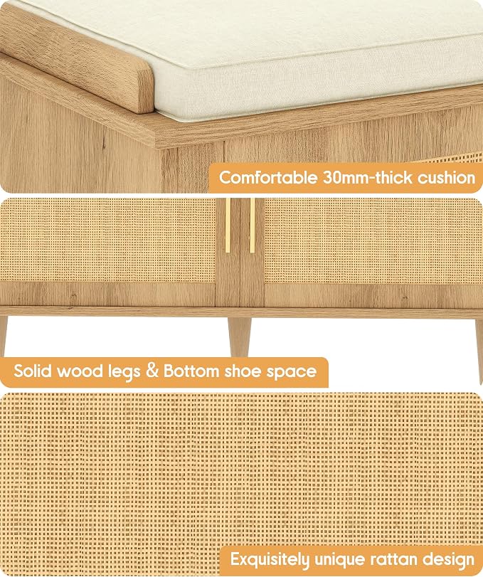 Akxomel 31.5" Rattan Shoe Storage Bench 2 Doors Wooden Entryway Bench Oak