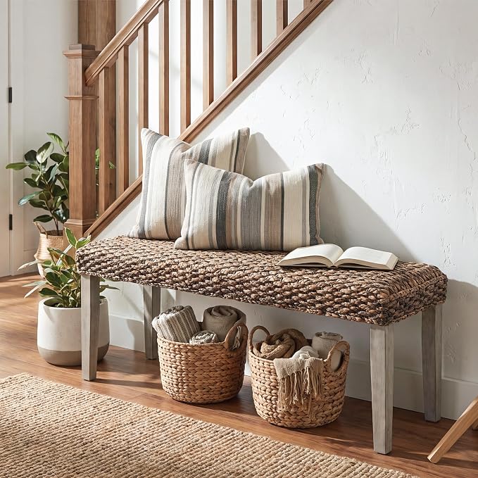 Solid Acacia Wood Bench with Natural Woven Water Hyacinth Seat, Grey Leg