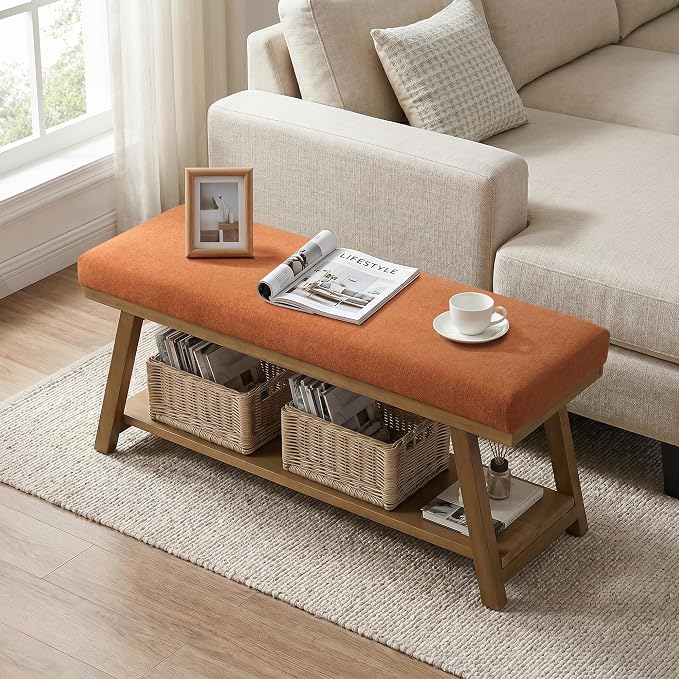 Zihanhome 45" Entryway Bench Upholstered Storage Bench for Bedroom(Orange)