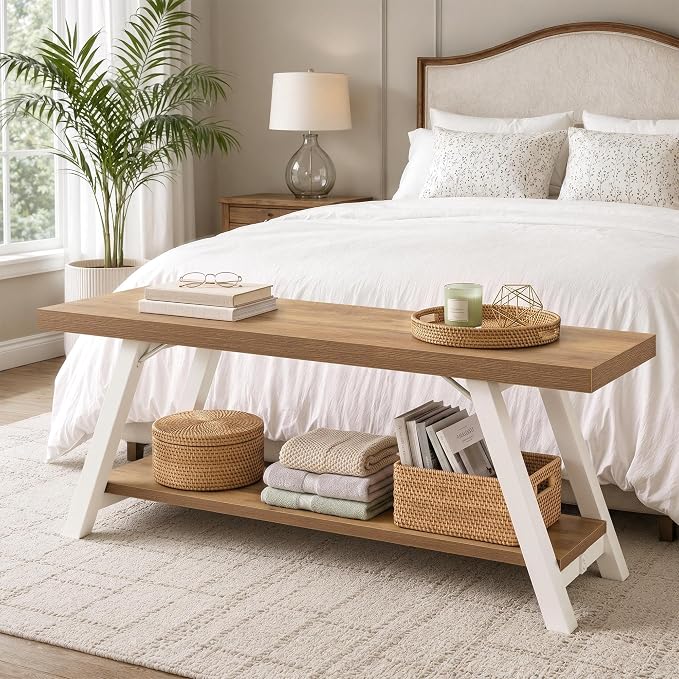 LVB Entryway Bench with Storage, Wood Bench for Entryway, 47 in
