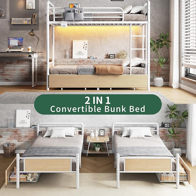 Jocoevol Metal LED Bunk Bed Twin Over Twin with 2 Storage Drawers, USB Charging Station, Industrial Bunkbeds Heavy Duty Bed with Safety Guardrail and Ladder, No Box Spring Needed, White