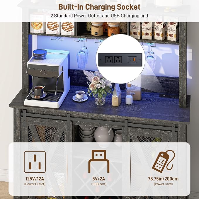 47"Wide 56"H Farmhouse Coffee Bar Cabinet with Power Outlet and LED Light,Wine Bar Cabinet w/3 Storage Hutch,Kitchen Buffet Cabinet with 10 Wine and Glass Racks for Kitchen Dining Room(Dark Oak)