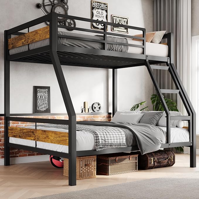 Feonase Metal Bunk Bed Twin Over Full with Ladder and High Guardrail, Heavy-Duty Metal Slats Support, Noise Free, No Box Spring Needed, for Kids and Juniors, Vintage