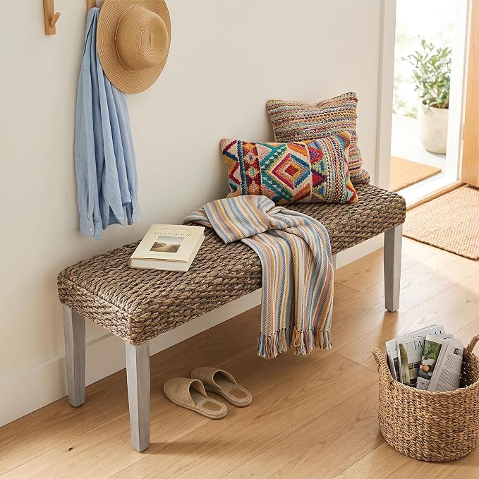 Solid Acacia Wood Bench with Natural Woven Water Hyacinth Seat, Grey Leg