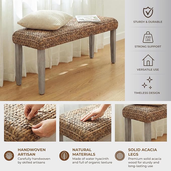 Solid Wood Acacia Indoor Bench, Natural Woven Water Hyacinth Seat, Grey Leg