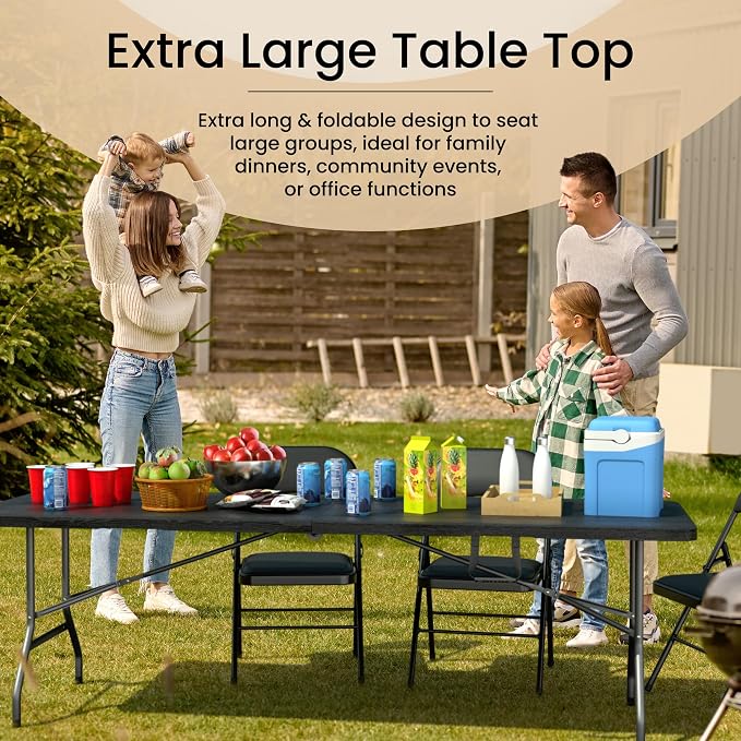 2 PACK of 8 Feet Foldable Table with Built in Handle & Steel Legs | 8 FT Heavy Duty Portable | Perfect for Party, Dining, Wedding, Events, Picnic Indoor, Outdoor, Camping, Temporary - 8 Foot