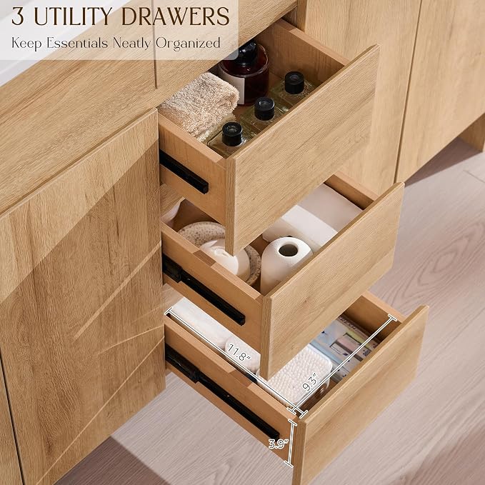 T4TREAM 60 Inch Modern Bathroom Vanity with Double Sink, Natural Oak | Integrated Resin Sink, 4 Soft-Close Doors & 3 Drawers, Handle-Free Design, Thick Heavy-Duty Legs, Oak Grain Finish.