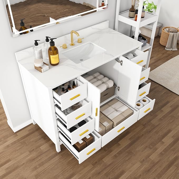 Montary 48" Bathroom Vanity with Sink & 49" Carrara Quartz Top | with 3 Pre-Drilled Faucet Holes, Solid Wood Cabinet, Soft-Close Double Doors & 9 Smooth-Glide Drawers,White