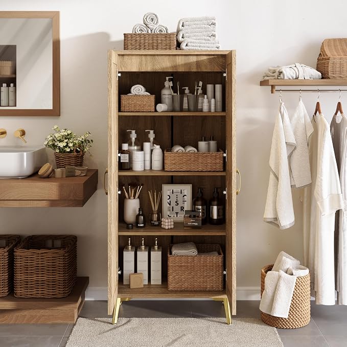 JASIWAY Tall Bathroom Storage Cabinet 57" Rattan Pantry Cabinet, Wood | With Doors and Adjustable Shelves, Freestanding Linen Closet & Wardrobe for Bathroom Laundry Bedroom, Anti-Tipping Device