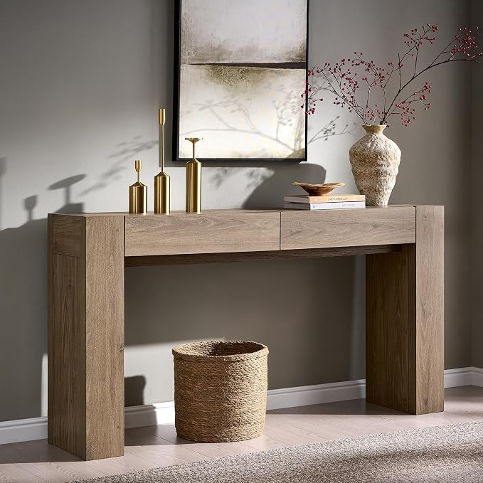 OKD 63" Console Table with Drawers, Thick Block Entryway Table, Alder Grey