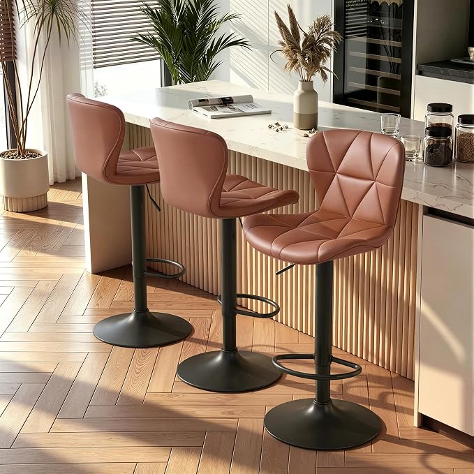 Nalupatio Modern Bar Stools Set of 3, Adjustable Faux Leather Upholstered Swivel Bar Stools, Counter Height Bar Chairs with Back for Kitchen Island, Rust