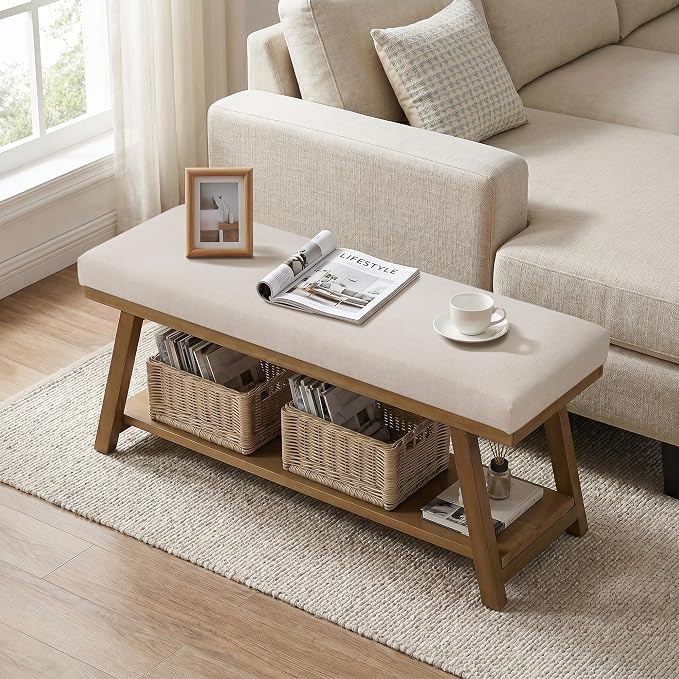 Zihanhome 45" Entryway Bench Upholstered Storage Bench for Bedroom(Beige)