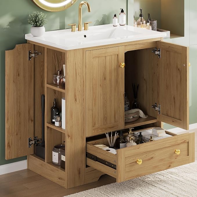IRONCK Bathroom Vanity with Ceramic Sink, 30" Bathroom Cabinet, Natural | Features a Ceramic Sink, 3 Doors, 1 Drawer and Flexible Side Storage for Organized Bathroom Storage