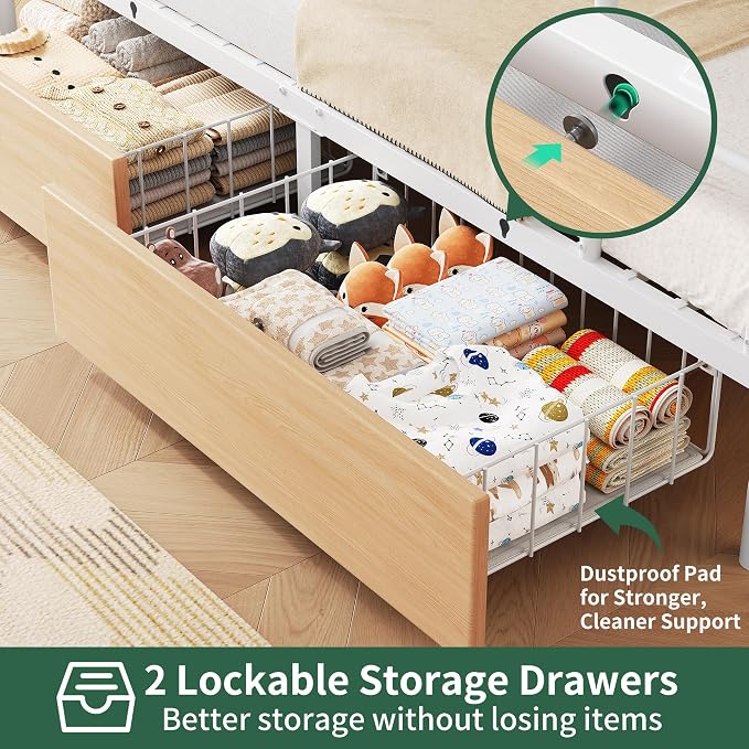Jocoevol Metal LED Bunk Bed Twin Over Twin with 2 Storage Drawers, USB Charging Station, Industrial Bunkbeds Heavy Duty Bed with Safety Guardrail and Ladder, No Box Spring Needed, White