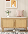 Akxomel 39.4" Rattan Shoe Storage Bench 2 Doors Wooden Entryway Bench Oak