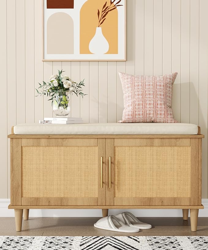 Akxomel 39.4" Rattan Shoe Storage Bench 2 Doors Wooden Entryway Bench Oak