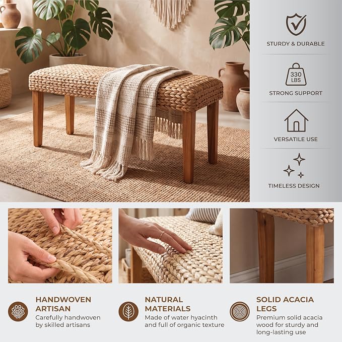 Solid Wood Acacia Indoor Bench, 47 Inch Water Hyacinth Seat, Fishbone Style