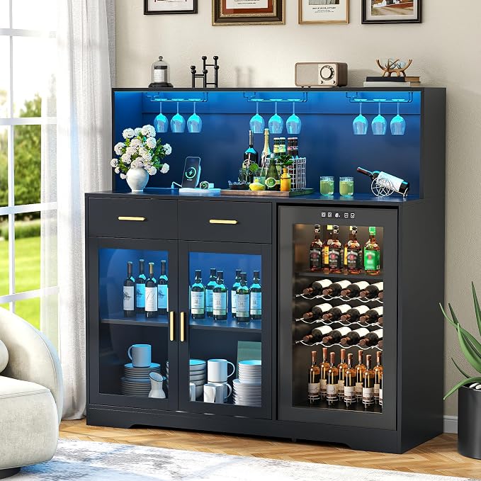 Gyfimoie 53" Wine Bar Cabinet with Fridge Space & Outlets, Large Coffee Bar Table with Storage Drawer,Liquor Cabinet with Wine Rack for Home, Living Room, Dining Room, Kitchen (Black)